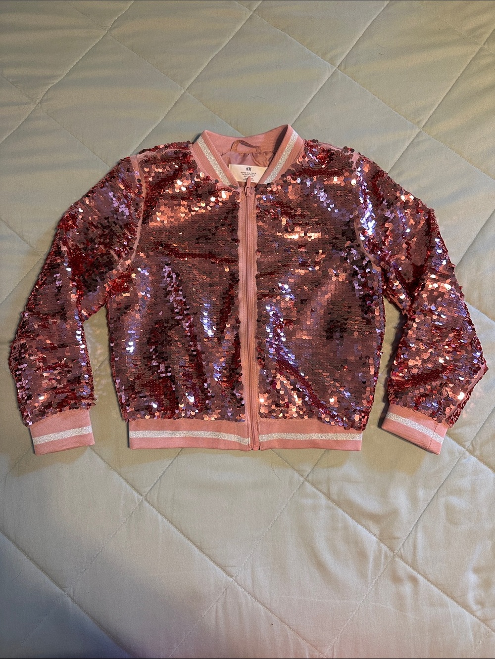 H&M Rose Pink Sequin Bomber Jacket